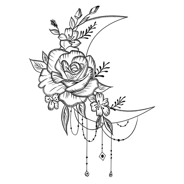 Tatouage éphémère croissant lune et fleurs