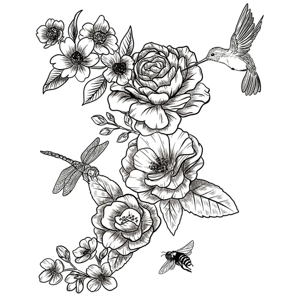 Tatouage éphémère fleurs colibri et insectes
