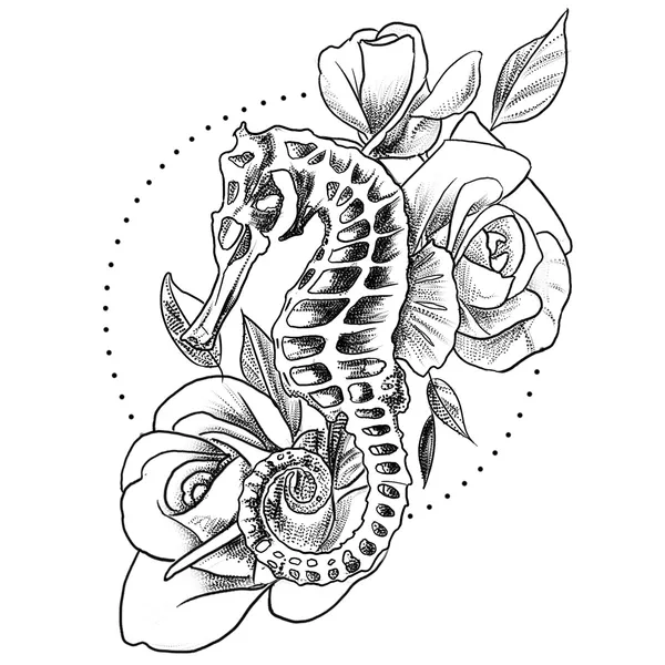 Tatouage éphémère hippocampe et fleurs