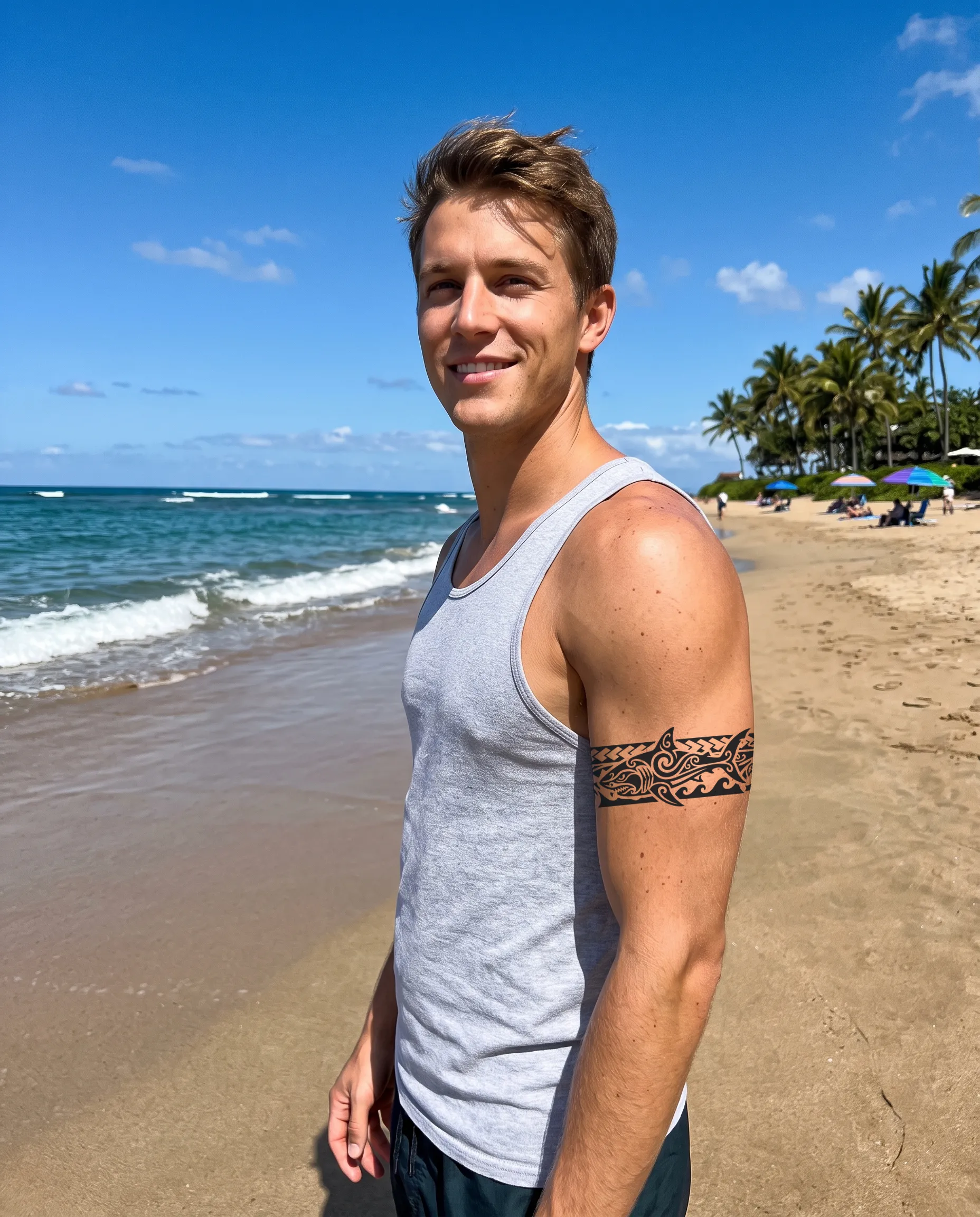 Tatouage éphémère pour homme, bracelet maori sur le biceps, à la plage