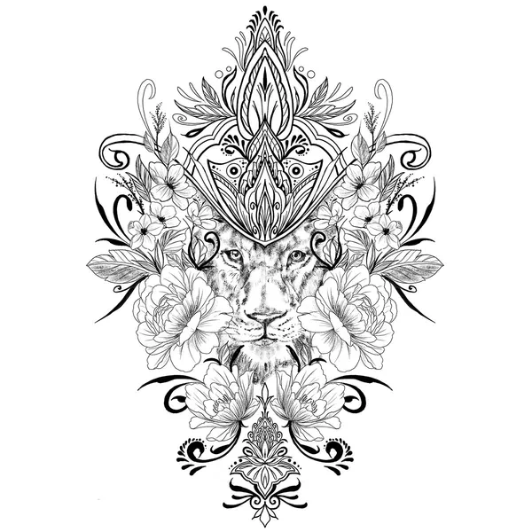 Tatouage éphémère lion décoré