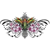 tatouage éphémère underboob oiseau tropical et fleurs roses