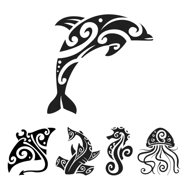 5 tatouages maoris éphémères - Dauphin, Raie, Requin marteau, Hippocampe, Méduse