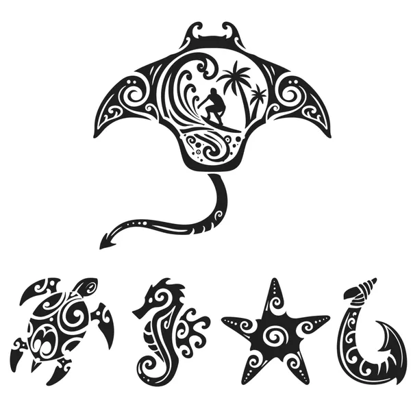 Tatouages maoris éphémères - Raie, Tortue, Etoile de mer, Hameçon, Hippocampe