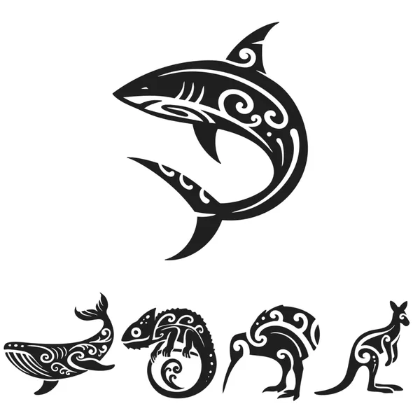 5 tatouages maoris éphémères - Requin, Baleine, Salamandre, Kiwi, Kangourou