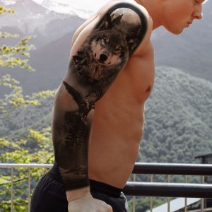 Tatouage éphémère sleeve manchette loup et forêt