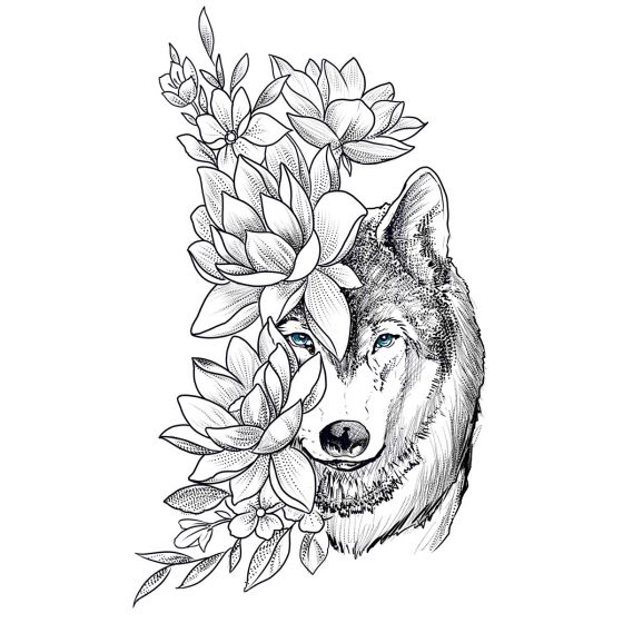Tatouage éphémère loup et fleurs