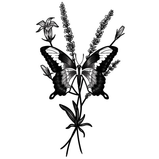 Tatouage éphémère papillon lavandes et fleurs