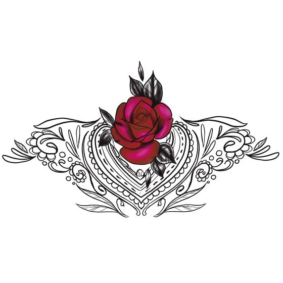 tatouage éphémère underboob rose rouge et ornements