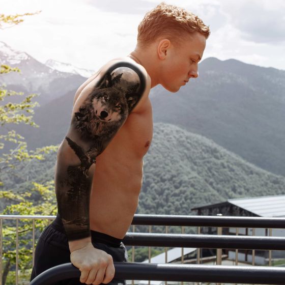 Tatouage éphémère sleeve manchette loup et forêt