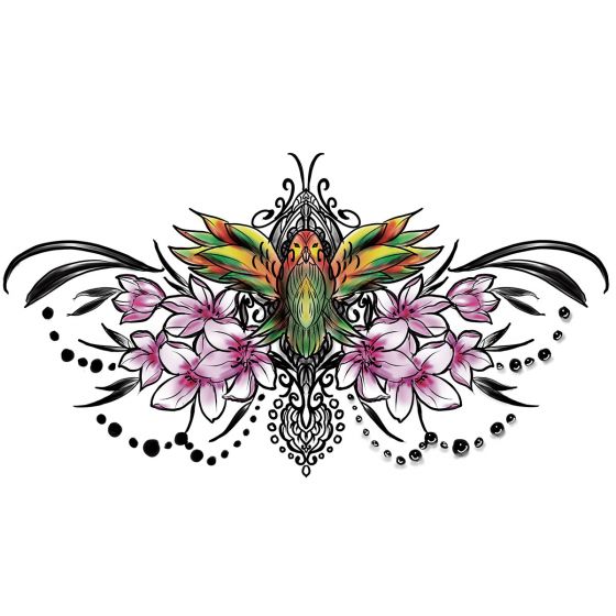 tatouage éphémère underboob oiseau tropical et fleurs roses